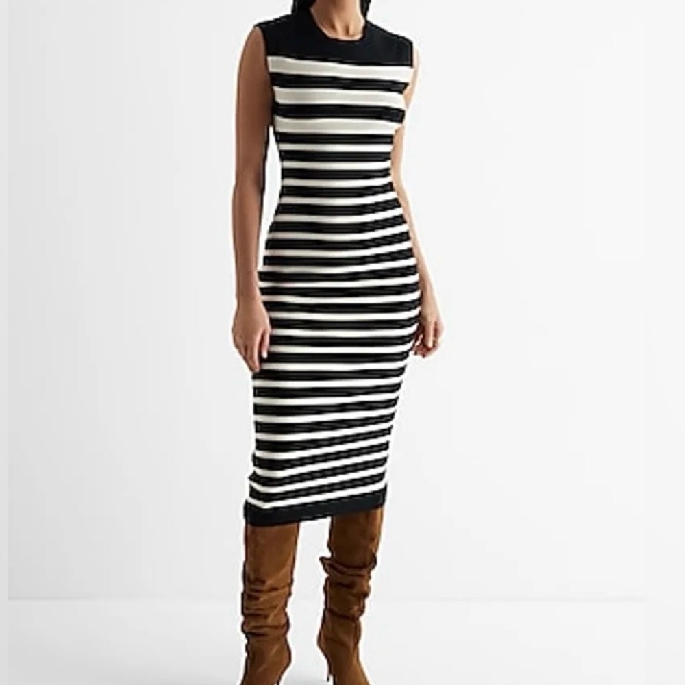 Express Black and Cream Striped Mid Calf Sweater Dress